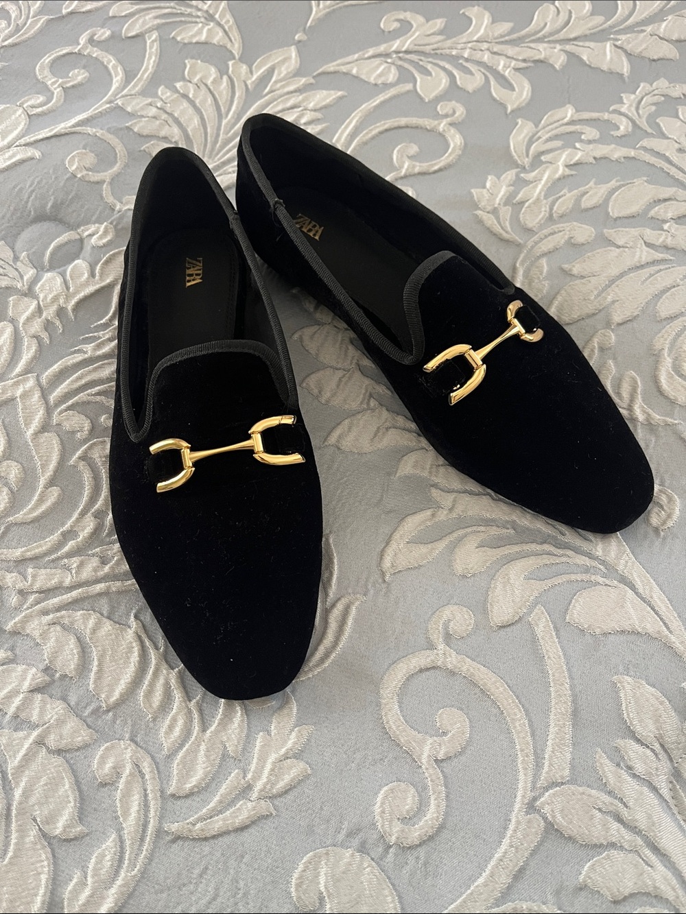 Zara Black Velvet Loafers with Gold Buckle